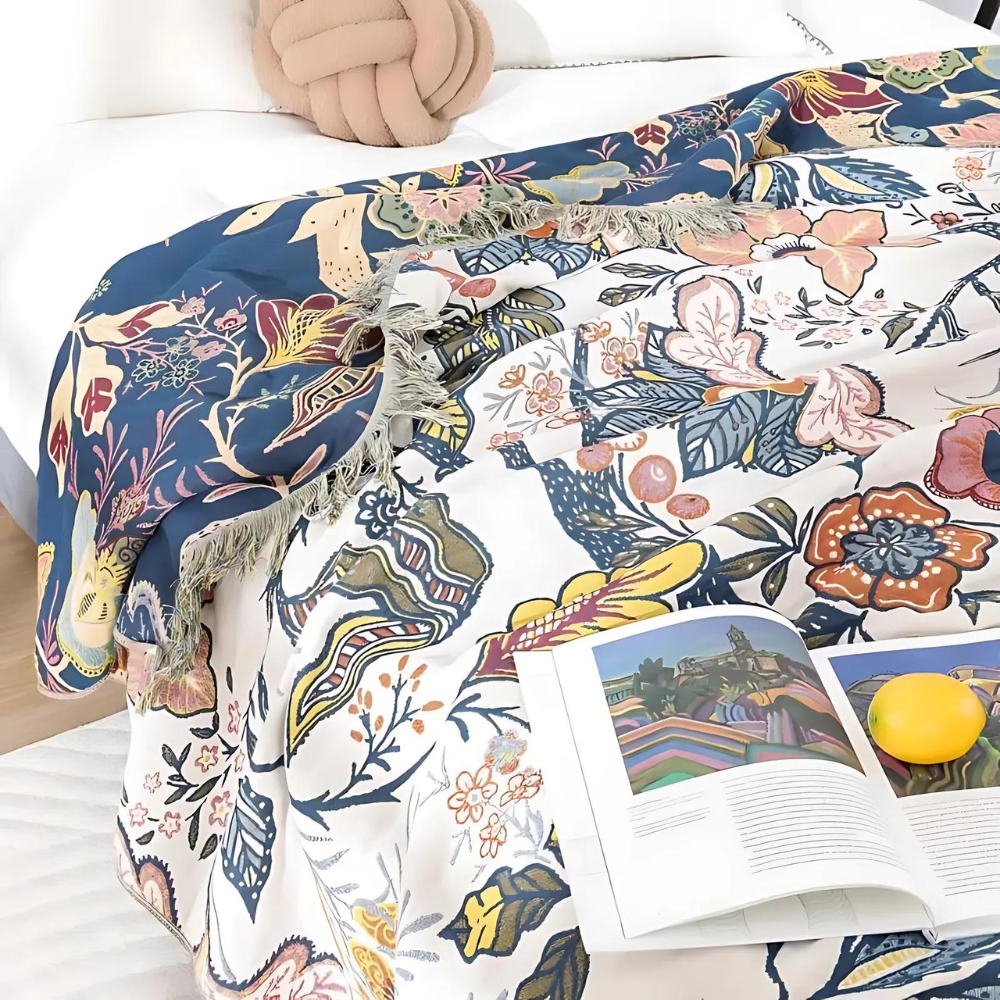Jacquard Katoenen Plaid met Bloemenprint en Kwastjes – Zacht Reversibel Banklaken – Scandinavisch Geïnspireerde Woondeken