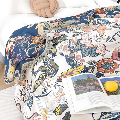 Jacquard Katoenen Plaid met Bloemenprint en Kwastjes – Zacht Reversibel Banklaken – Scandinavisch Geïnspireerde Woondeken