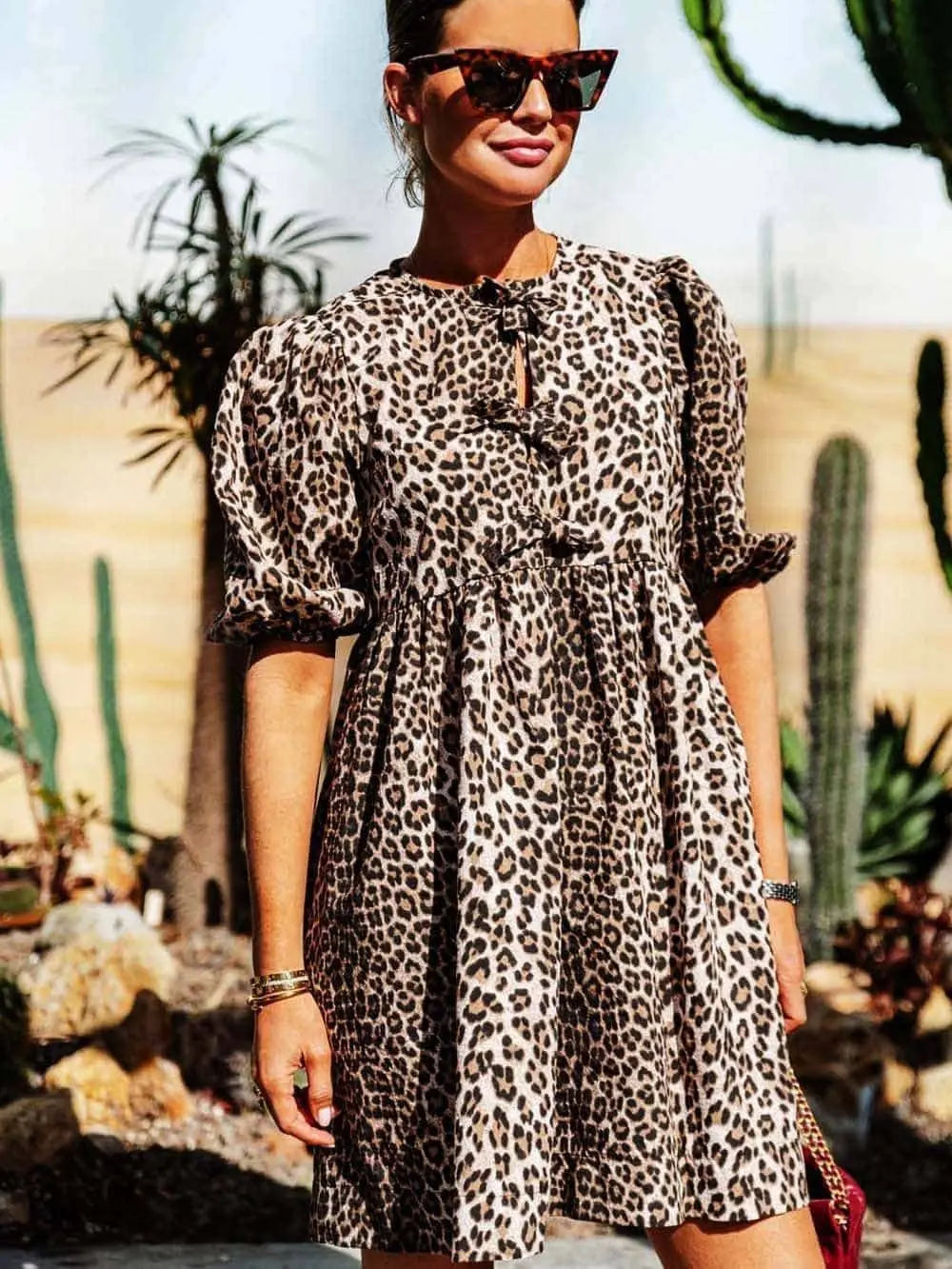 Dames Jurk Luipaardprint Kort Model met Puffmouwen