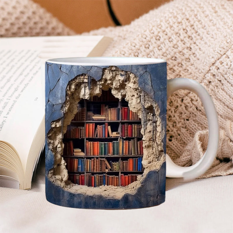 Keramische Mok met 3D-Boekenplankdesign – Gezellige Mokken voor Boekenliefhebbers