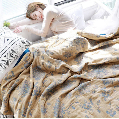 Floral Dream Comfort Deken – Lichtgewicht Katoenen Gaas Zomerdeken met Jacquard Bloemenpatroon – Seizoensgebonden Plaid voor Bed & Bank