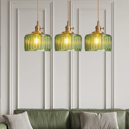 Quilivon Hanglamp Glas Messing Groen E27 Keuken Eettafel Retro Verlichting Geribbeld Glas Design