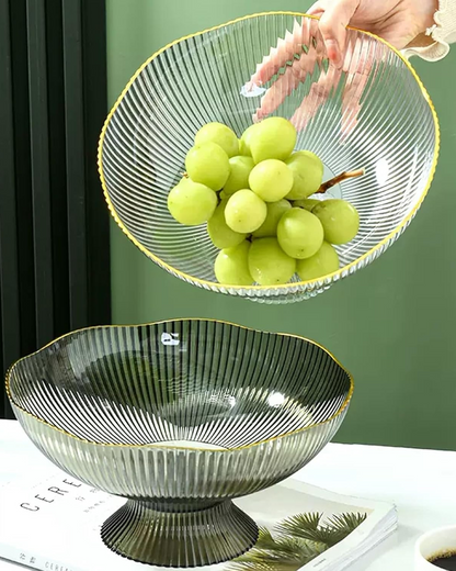 Fruitschaal op Voet met Goudrand Geribbeld Keramiek Transparant Groen Grijs voor Tafelcenterpiece Interieur