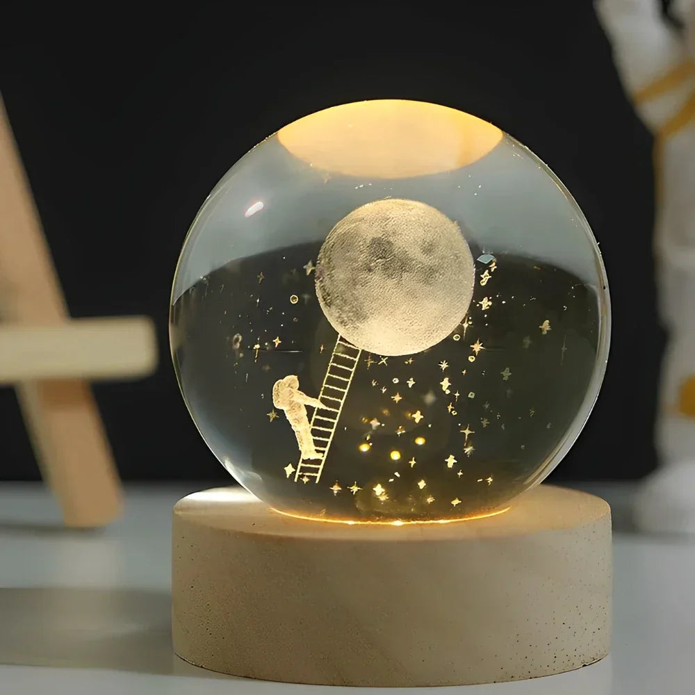Glazen Nachtlampje met 3D Lasergravure en LED Verlichting op Houten Voet – Sfeerverlichting voor Slaapkamer en Woonkamer