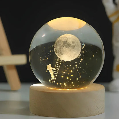 Glazen Nachtlampje met 3D Lasergravure en LED Verlichting op Houten Voet – Sfeerverlichting voor Slaapkamer en Woonkamer