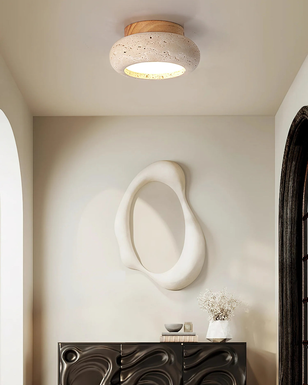 Plafondlamp acryl natuurtinten walnoot beige woonkamer slaapkamer gang warm licht diffuus elegant Scandinavisch design modern minimalisme interieur verlichting