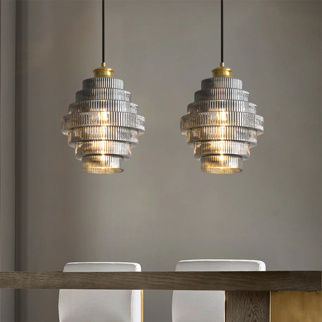Hanglamp Glas Geribbeld Messing Gelaagd Woonkamer Eettafel Sfeerverlichting Vintage Design