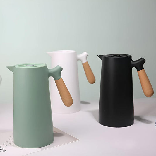 Geïsoleerde Karaf 1 Liter Houten Handvat Dubbelwandig Koffiekaraf Thermos Scandinavisch Design Groen Wit Zwart Rood Bruin