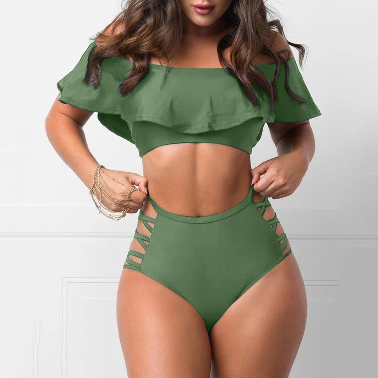 Vrouwelijke Bikini Off-Shoulder met Ruches Zomerbadmode
