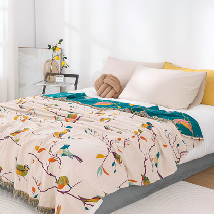 Katoenen Plaid met Vogelmotief en Kwastjes – Vintage Boho Stijl Deken voor Bank, Bed of Picknick