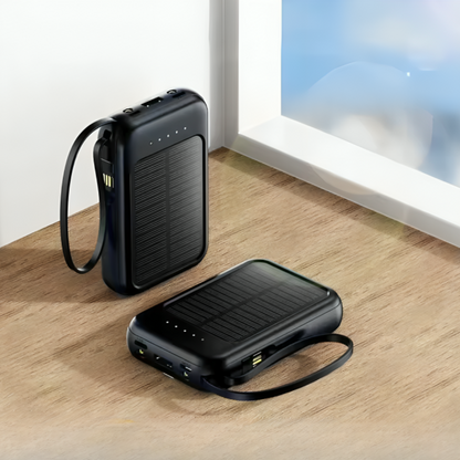 Oplaadbare Powerbank 20000mAh met Zonnepaneel, LED-Zaklamp en Ingebouwde Kabels – Draagbare Noodaccu met Dubbele USB- en Type-C-Aansluiting voor Smartphone en Tablet