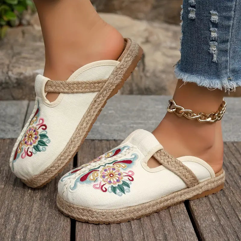 Dames Leer Schoenen Bloemenpatroon Platte Zool