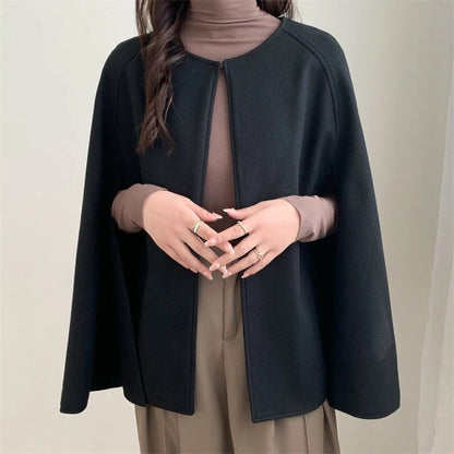 Dames Cape Jas Zwart Wol Wollen Elegante Stijl