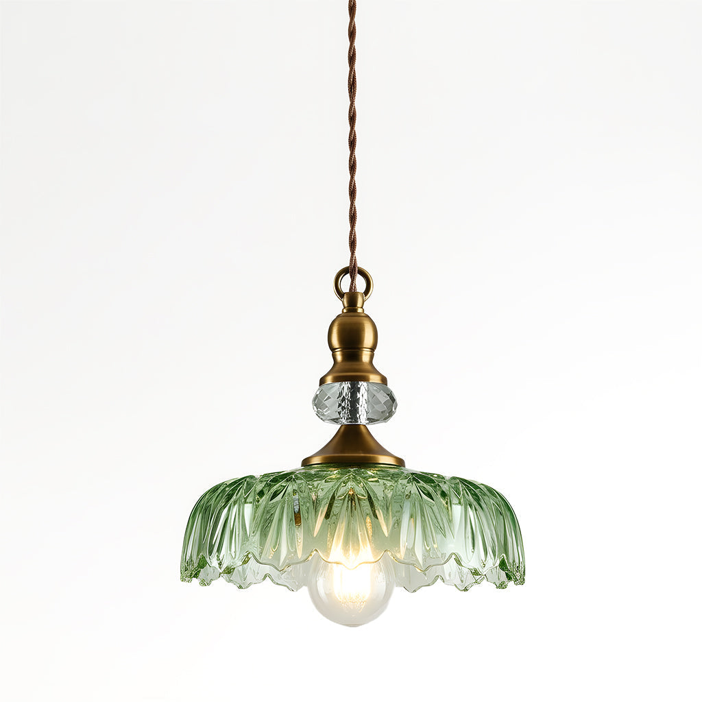 Vintage Hanglamp Glas Messing Bloemmotief Groen Zwart