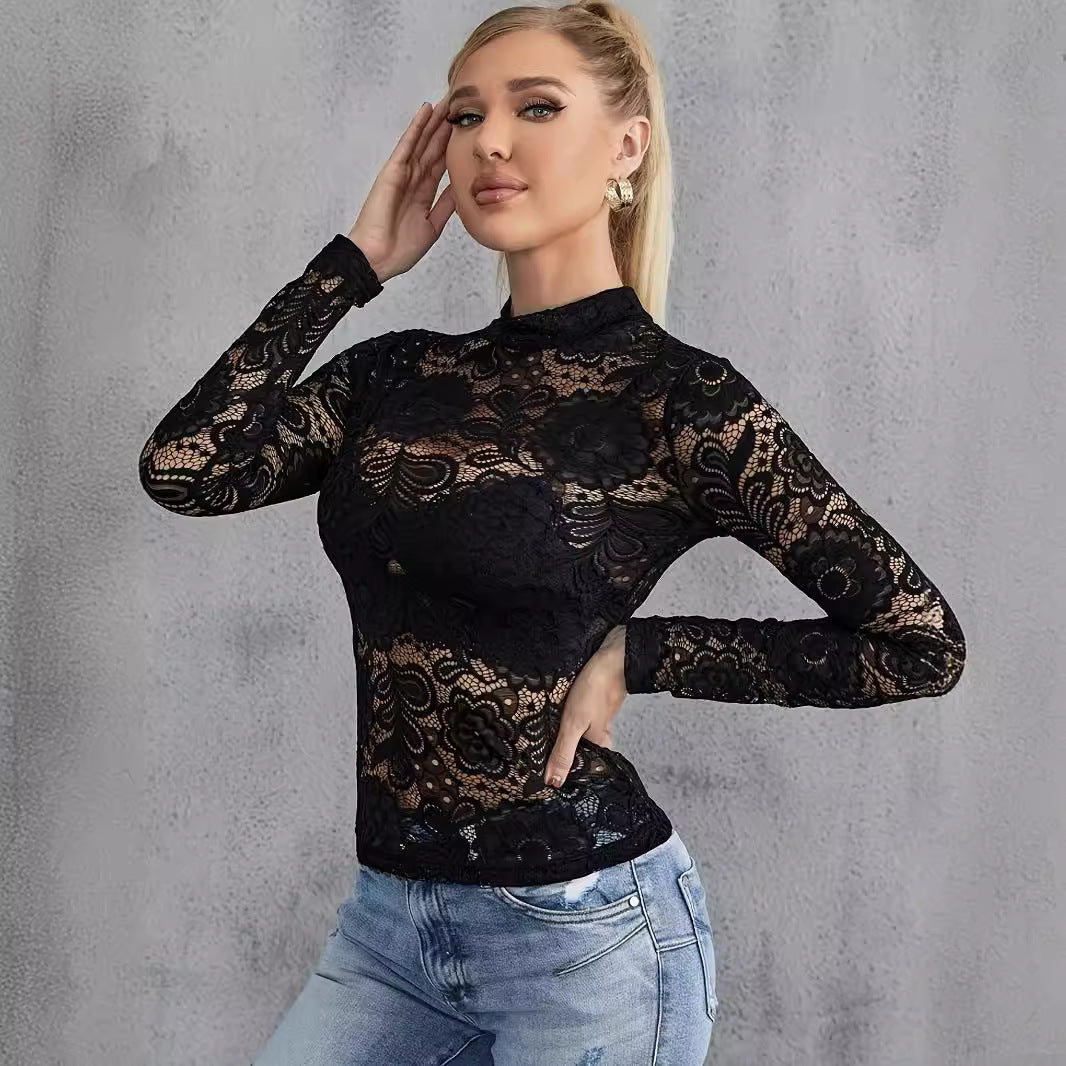 Dames Top Lange Mouwen Kanten Slimfit