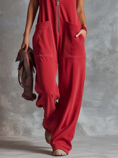 Dames Jumpsuit Sportief Katoen Framboosrood met Capuchon