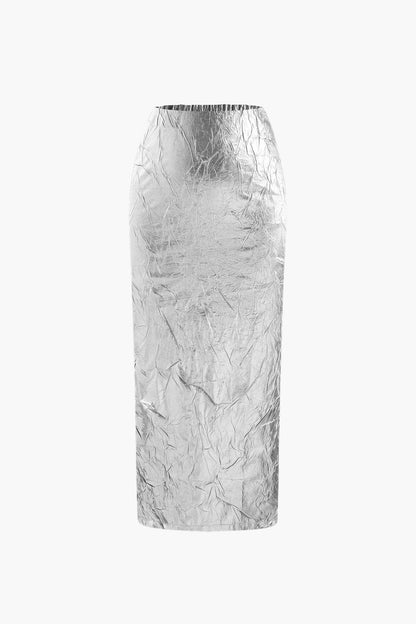 Metalen Midirok Elastische Taille met Crinkle Effect