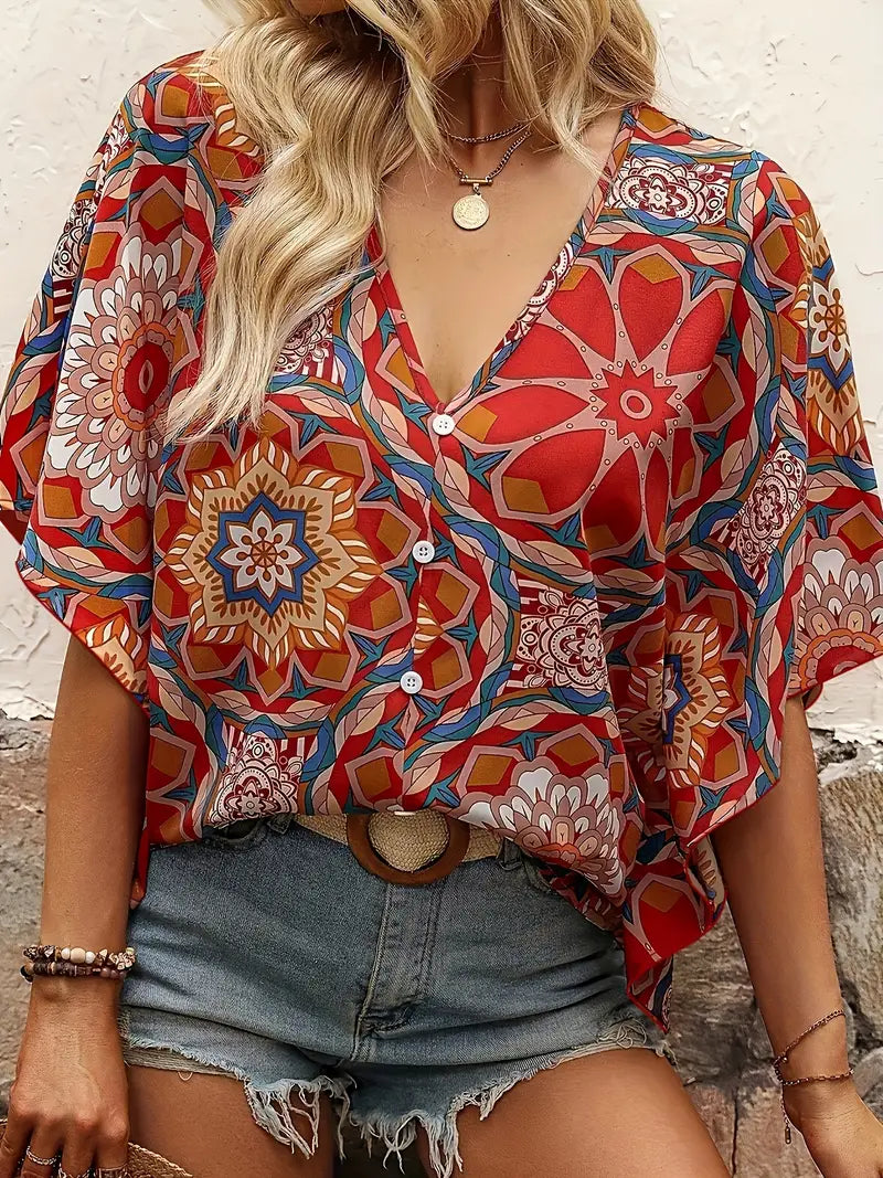 Bloes met Bloemen V-hals voor Vrouw Zomerse Stijl