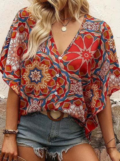 Bloes met Bloemen V-hals voor Vrouw Zomerse Stijl