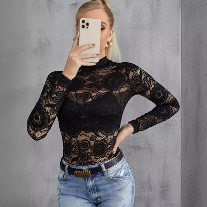 Dames Top Lange Mouwen Kanten Slimfit