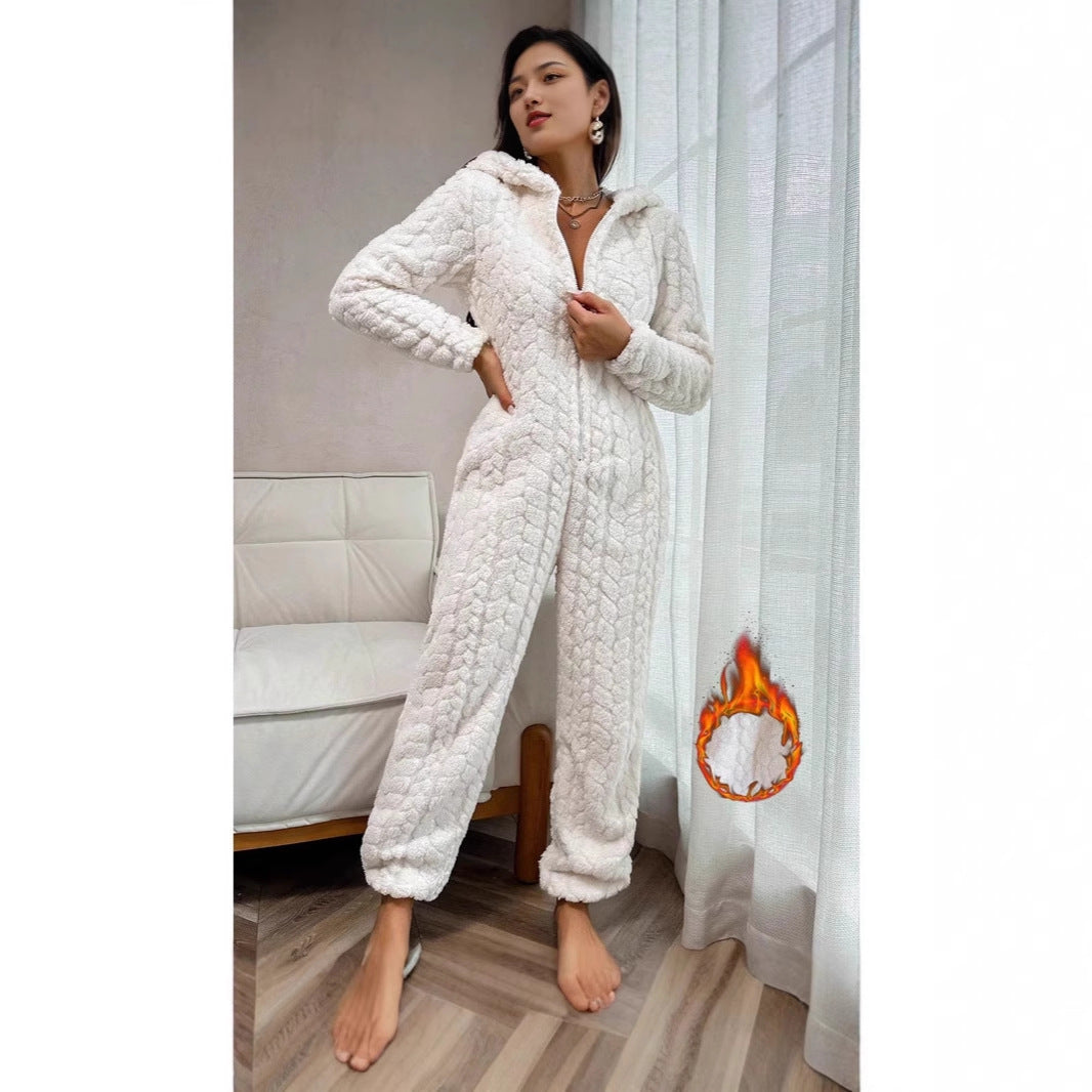 Dames Fleece Onesie Warm Zacht met Capuchon en Kabelpatroon