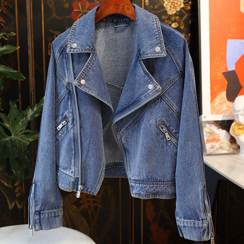 Dames Bikerjas Denim Met Ritsen en Stoere Streetwear Look