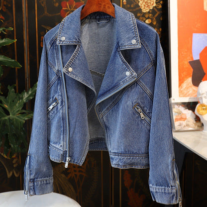 Dames Bikerjas Denim Met Ritsen en Stoere Streetwear Look