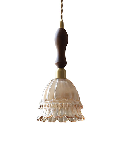 Franse Landelijke Hanglamp Glazen Kap Kwallen Design Transparant of Amber met Walnoot Greep Sfeerverlichting Eetkamer Elegante Plafondlamp