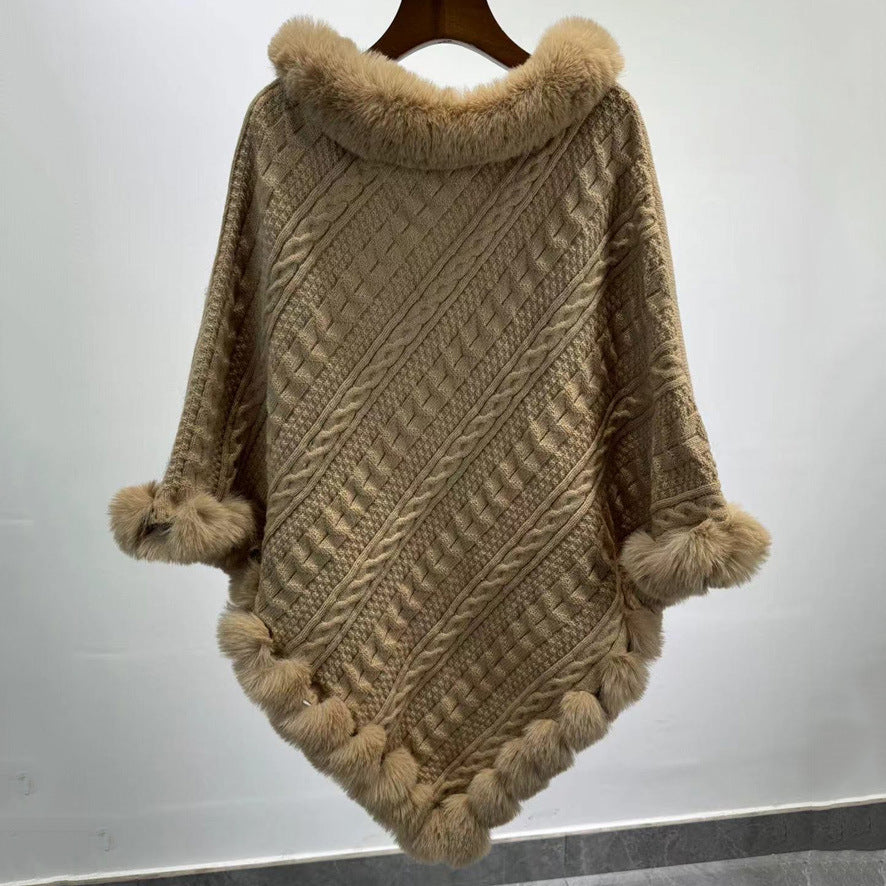 Dames Sjaal Cape met Kunstbont Kraag Gebreid Warm