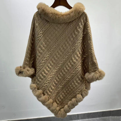 Dames Sjaal Cape met Kunstbont Kraag Gebreid Warm