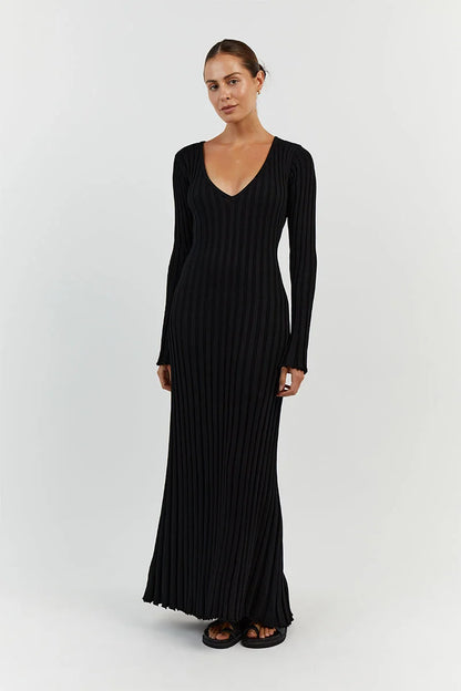 Zwarte Midi Jurk V-Hals Elegante Avondjurk