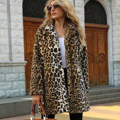 Dames Faux Fur Jas Lange Warm Leopard Print