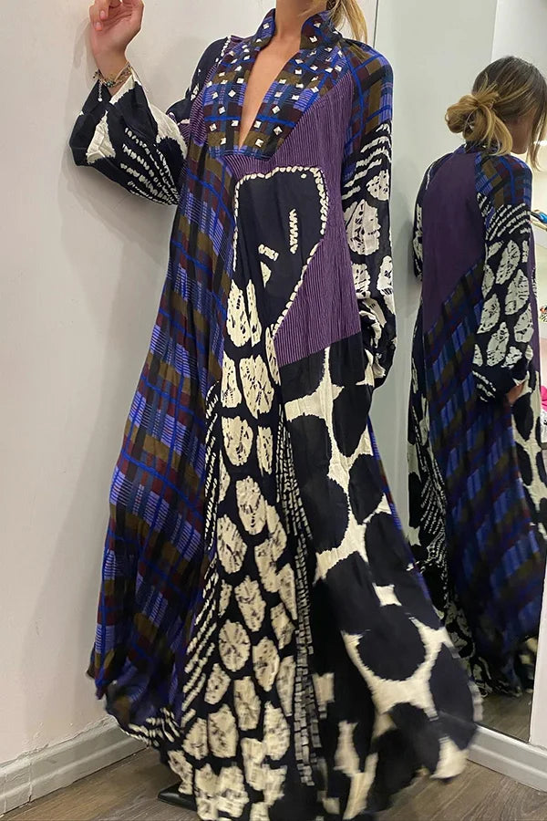 Maxi Jurk Lange Mouwen met Zakken en Colorblock Print - StudioMarella