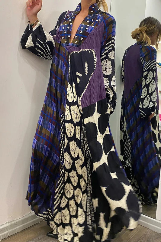 Maxi Jurk Lange Mouwen met Zakken en Colorblock Print - StudioMarella