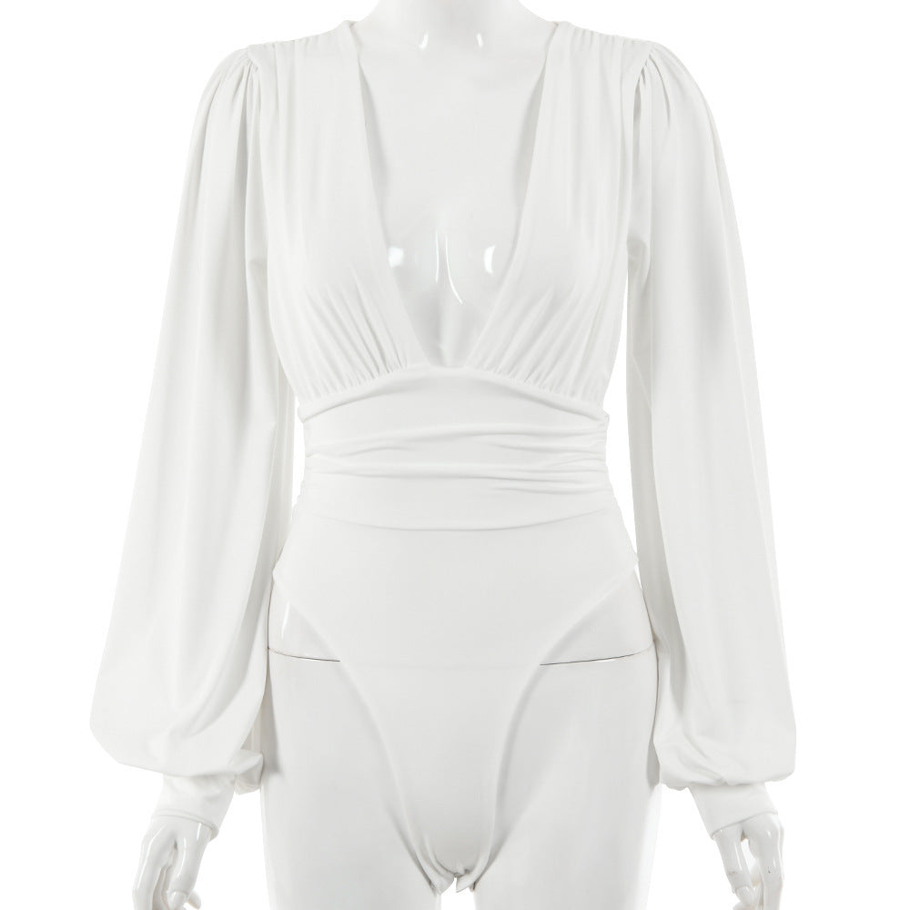 Dames Bodysuit Zwart Lange Mouwen Diepe Hals Elegant