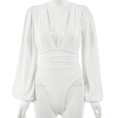 Dames Bodysuit Zwart Lange Mouwen Diepe Hals Elegant