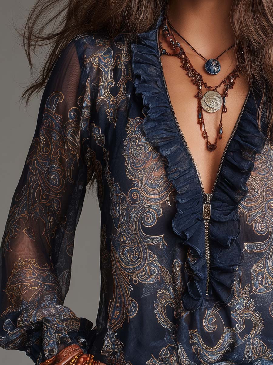 Dames Blouse Chiffon Paisley Print met Rits en Volants