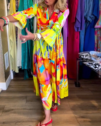 Jurk Gele Zomerjurk met Uitlopende Mouwen en Bloemenprint