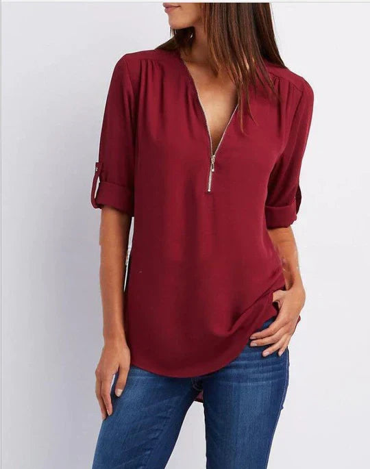 Vrouwelijke Blouse met Halve Rits en Elegante Halslijn → Vrouwelijke Blouse Elegante Halslijn Halve Rits
