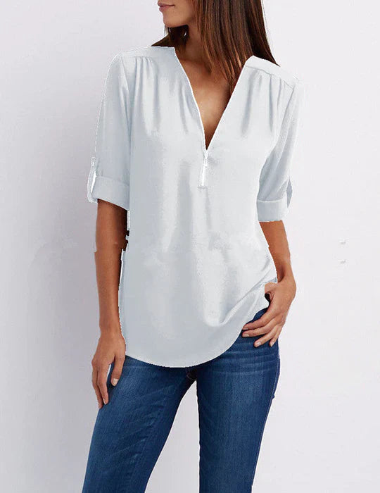 Vrouwelijke Blouse met Halve Rits en Elegante Halslijn → Vrouwelijke Blouse Elegante Halslijn Halve Rits