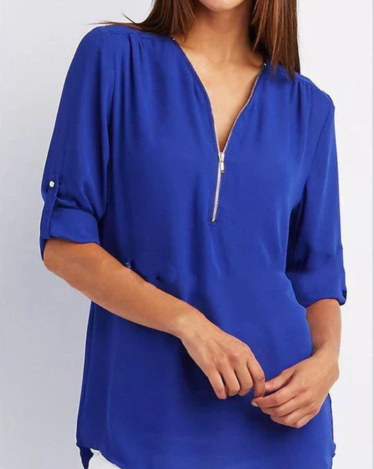Vrouwelijke Blouse met Halve Rits en Elegante Halslijn → Vrouwelijke Blouse Elegante Halslijn Halve Rits