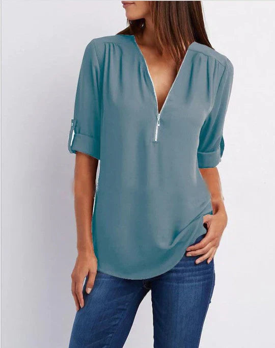 Vrouwelijke Blouse met Halve Rits en Elegante Halslijn → Vrouwelijke Blouse Elegante Halslijn Halve Rits