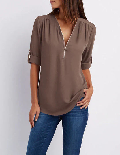 Vrouwelijke Blouse met Halve Rits en Elegante Halslijn → Vrouwelijke Blouse Elegante Halslijn Halve Rits