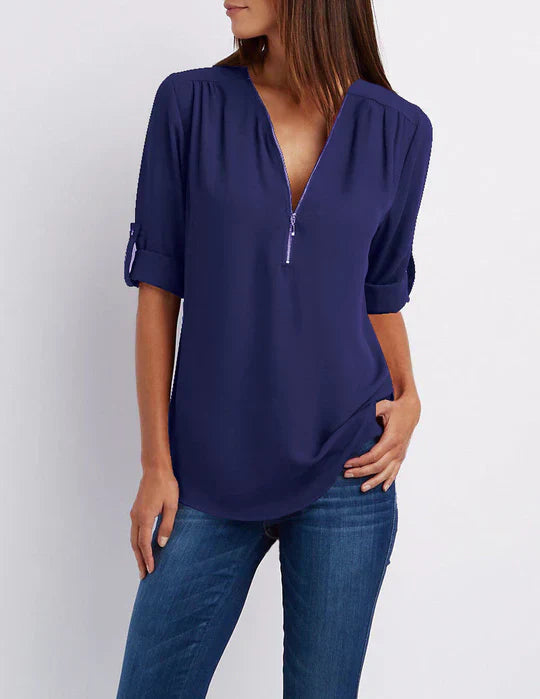 Vrouwelijke Blouse met Halve Rits en Elegante Halslijn → Vrouwelijke Blouse Elegante Halslijn Halve Rits