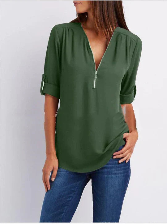 Vrouwelijke Blouse met Halve Rits en Elegante Halslijn → Vrouwelijke Blouse Elegante Halslijn Halve Rits