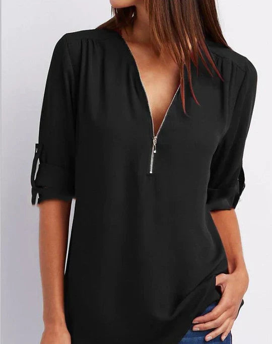 Vrouwelijke Blouse met Halve Rits en Elegante Halslijn → Vrouwelijke Blouse Elegante Halslijn Halve Rits