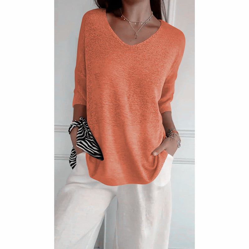 Dames Top Met V-hals Driekwartmouwen Fijngebreid Casual