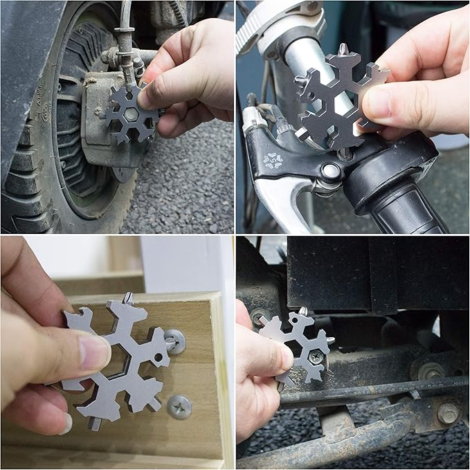 18-in-1 Sneeuwvlok Multitool in Compacte Sleutelhangerformaat met Moersleutels, Schroevendraaiers en Flesopener