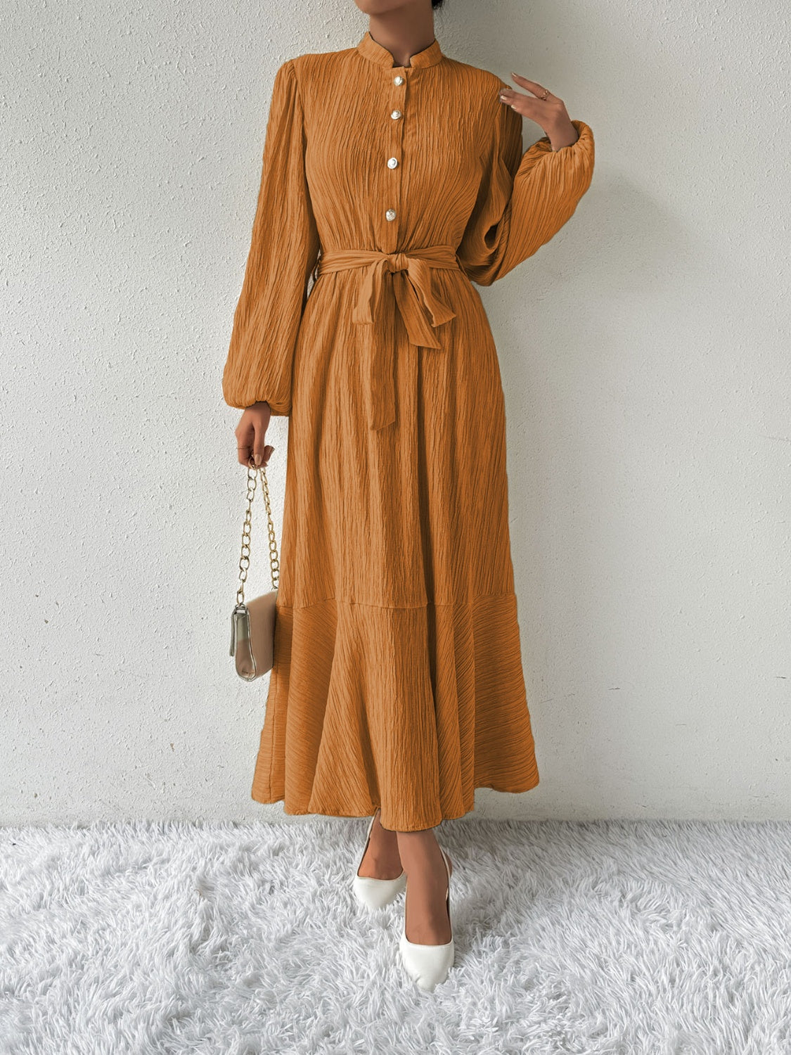 Vrouwelijke Jurk Lange Mouwen Taille Jurk met Accent