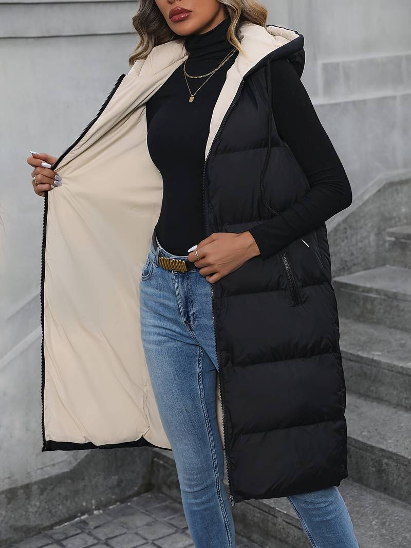 Dames Bodywarmer Lange Capuchon Ritsjas Zwart